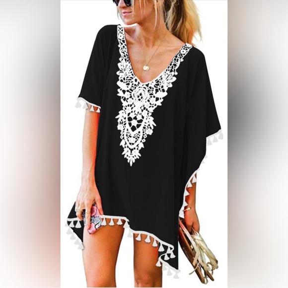 CPOKRTWSO Women’s Crochet Chiffon Tassel Swimsuit Beach Bikini Cover Up 2XL - Picture 3 of 8
